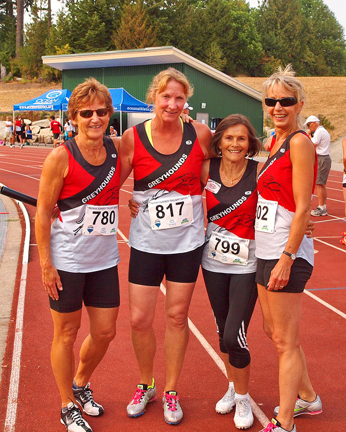 New W60 relay recordsholders for the 1,600-meter relay include Christa (the short one). Photo by Attilio Bortignon