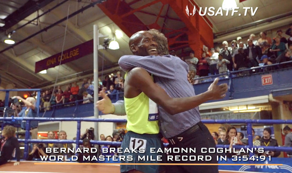 Bernard is embraced by former WR man Eamonn Coghlan after M40 mile record. See the USATF episode.