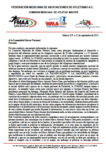 Letter of September 2014 to Marco from Mexican masters track president. (PDF)