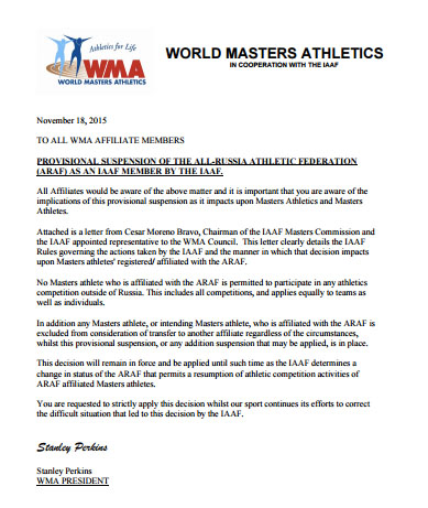 WMA announcement on Russian masters.