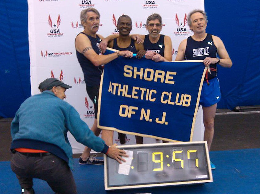 Not sure of left-to-right, but this Shore AC team celebrated WR 4x8 at John Bennett Indoor Athletic Complex in Toms River, N.J.