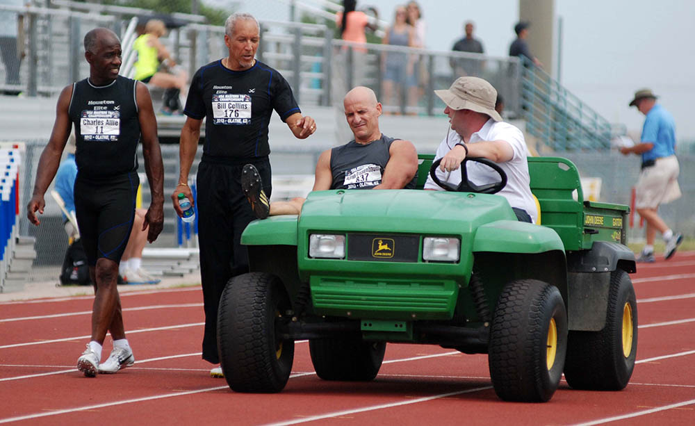 Superstar sprinters and friends Charles Allie and Bill Collins saw a grimacing Allan Tissenbaum off the track at Olathe nationals in 2013.