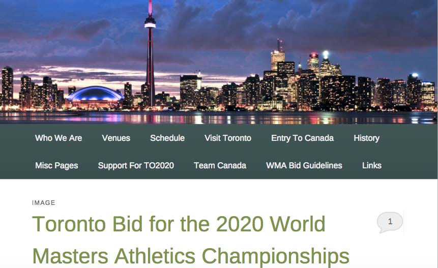 Homepage of 2020 bid site for Toronto WMA world masters outdoor championships.