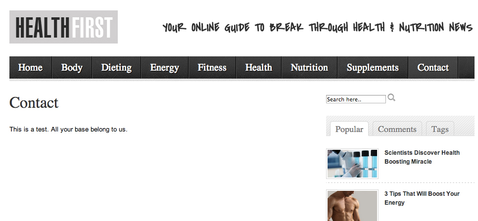 Contact page for health1st.com, where Athletic Greens is promoted via stories.
