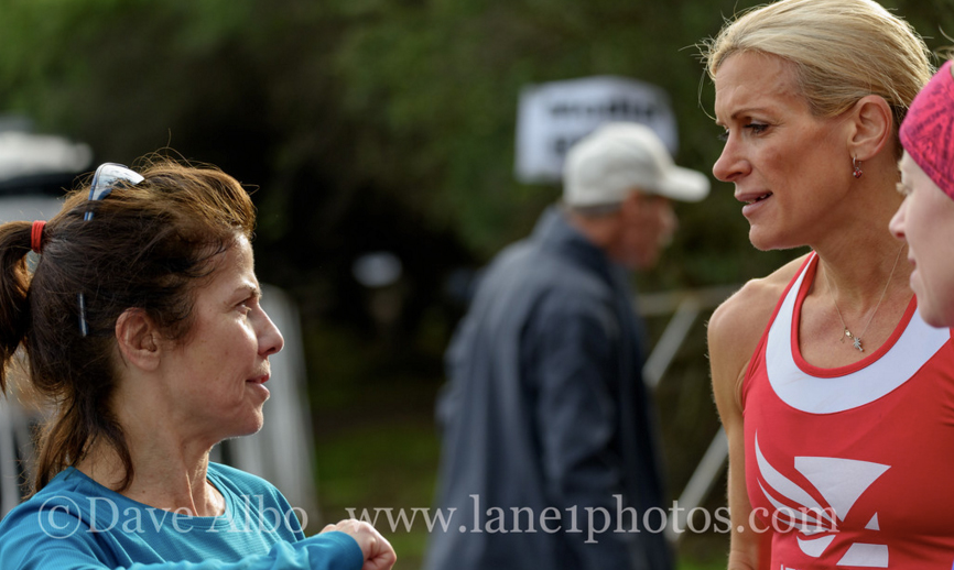 Oldest-in-their-age-group winners Kathy Martin, 64, and Sonja Friend-Uhl, 44, chat after their race.