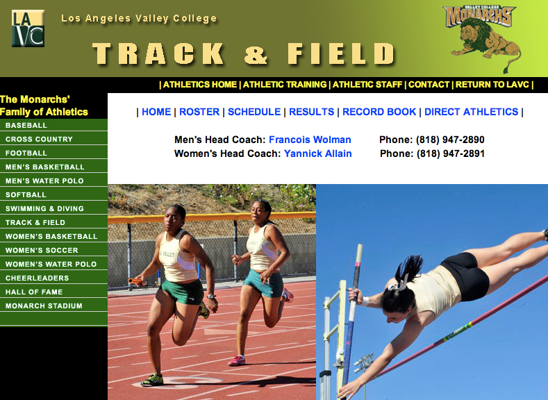 Homepage of L.A. Valley College track team.