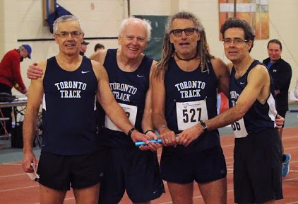 University of Toronto TC relayists from left are Peter Zowkewich, Duncan Greenshields, Doug and John 'Run Like' Helliker.