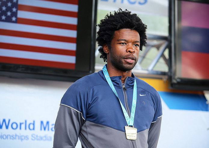 Tunde Ridley, shown in Porto Alegre, won his first world masters title in the 100.