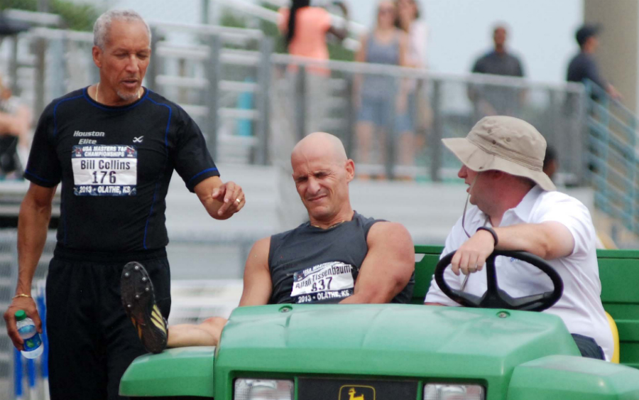Bill Collins offers psychic support as Allan is carted off the Olathe track.