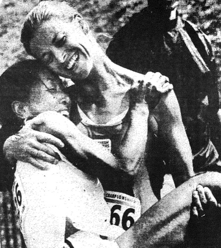 Winner Susie Buchanan lifts runner-up Toshi after the W40 5000 at the first world masters championships — 1975 in Toronto.
